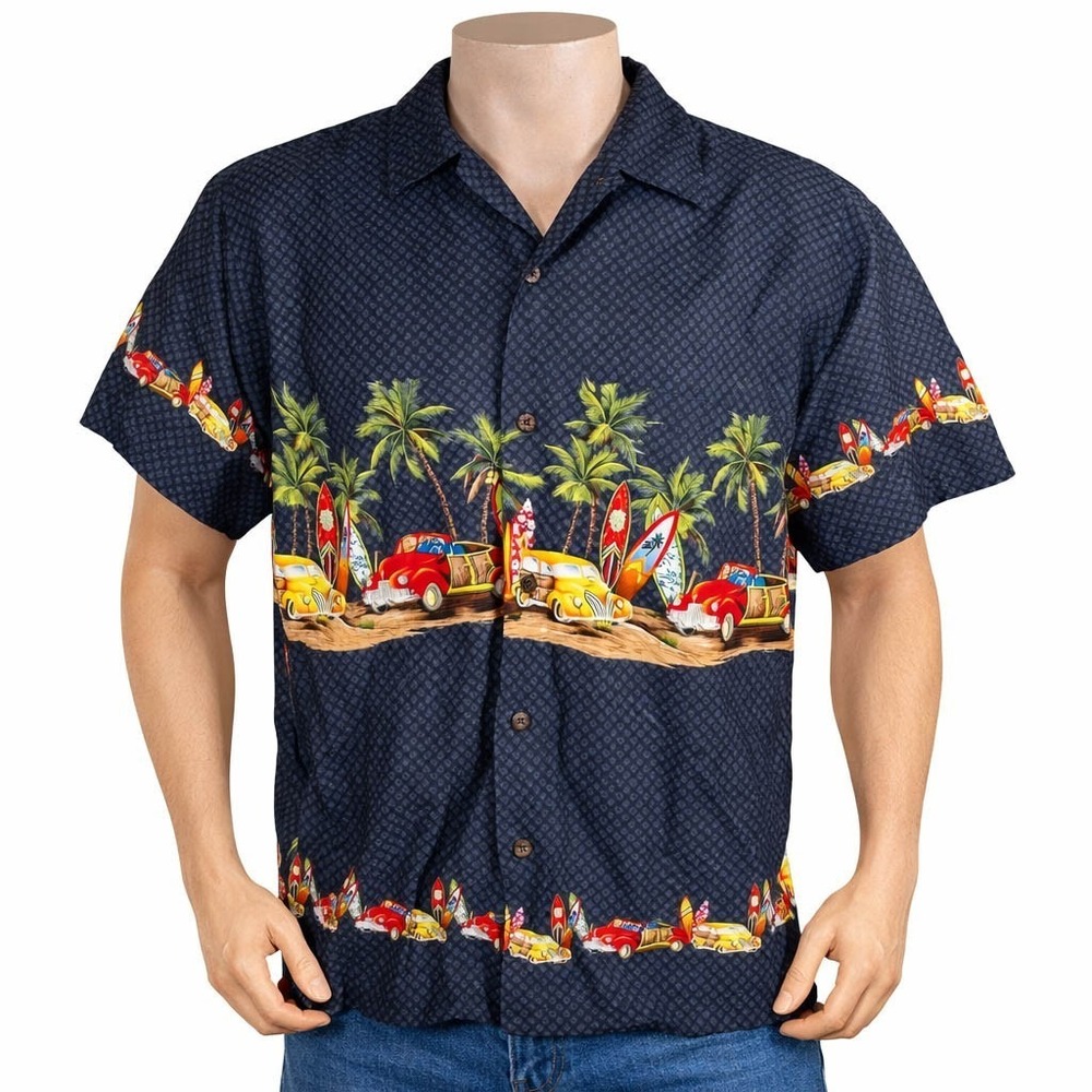 Palmwave Hawaiian Aloha‎ Shirt 2XL Woody Wagons Surfboards Palms Floral Black